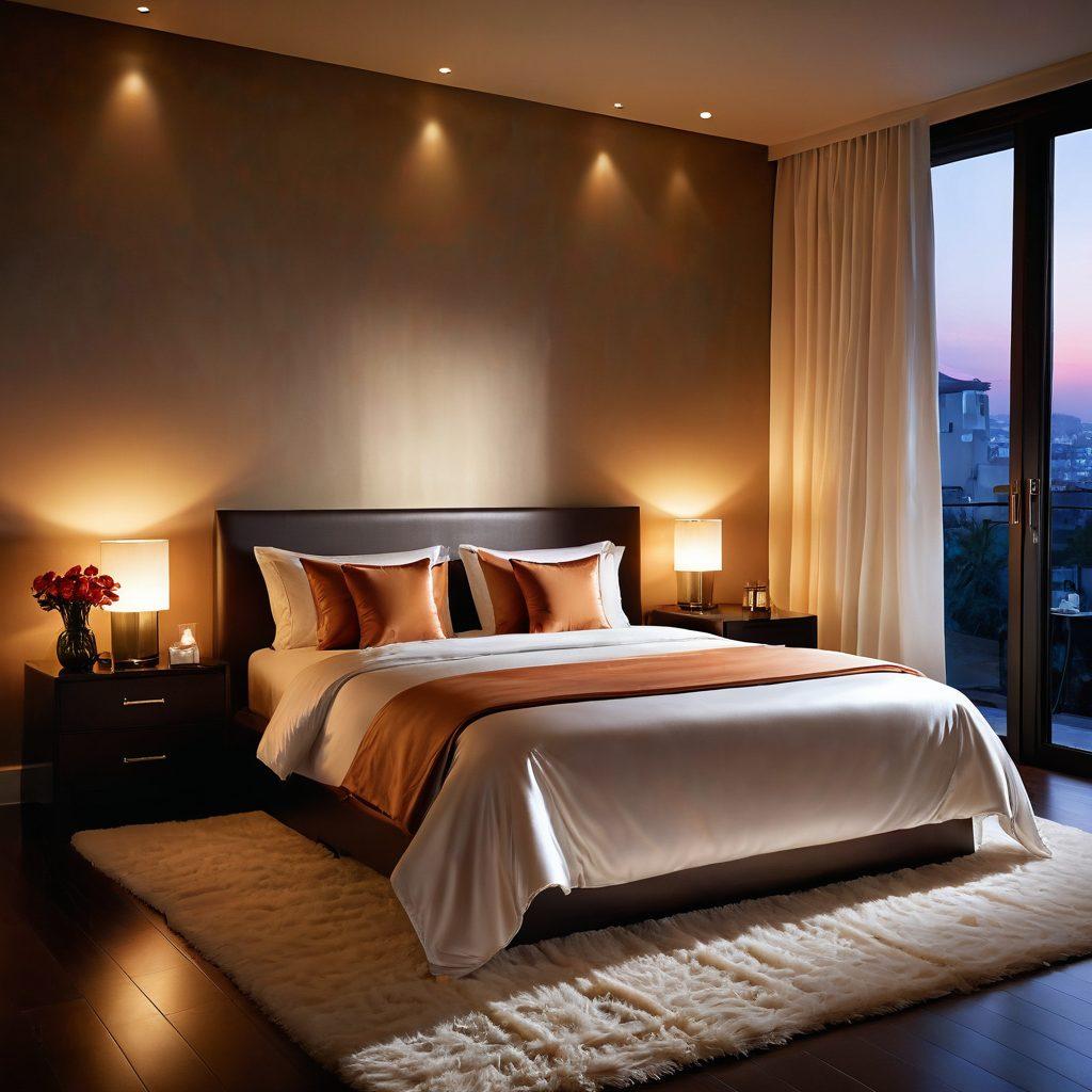 An elegant bedroom setting with soft lighting, featuring silk sheets and a tasteful arrangement of scented candles, symbolizing intimacy and allure. Subtle silhouettes of couples in romantic poses can be seen in the shadows, evoking the essence of eroticism. A sleek modern screen plays elegant video clips, merging technology with passion. The atmosphere is warm and inviting, suggesting an exploration of intimacy through sensual video experiences. super-realistic. soft focus. warm color palette.