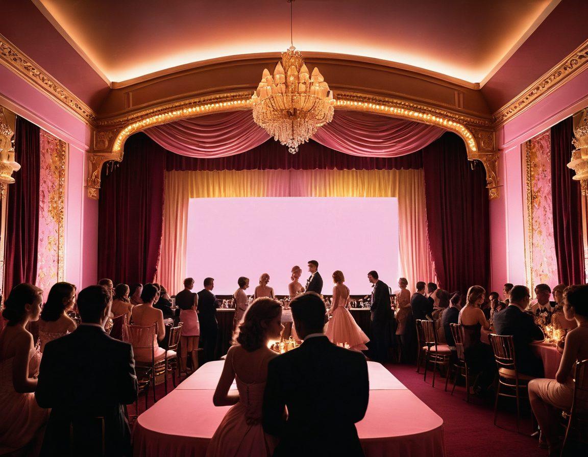 A sensual scene featuring an illuminated vintage cinema marquee, adorned with shimmering gems and soft pink and gold lighting. In the foreground, elegant silhouettes of diverse couples engage in intimate moments, embodying the vibrant allure of erotic media. The backdrop showcases an eclectic blend of film reels and artistic elements related to adult entertainment. The overall atmosphere is inviting and provocative, with warm tones enhancing the mood. vibrant colors. cinematic style.